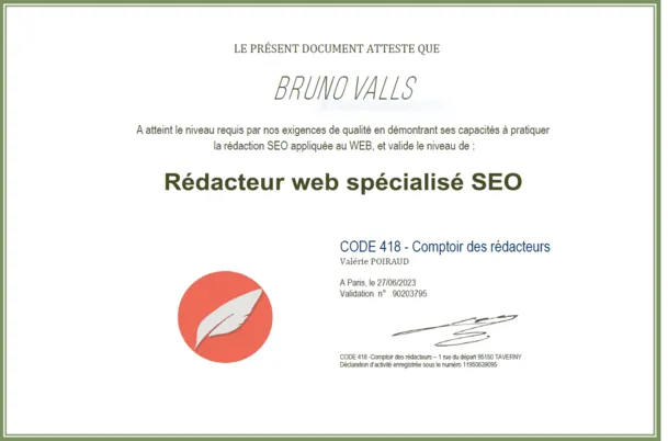 Attestation rédacteur web