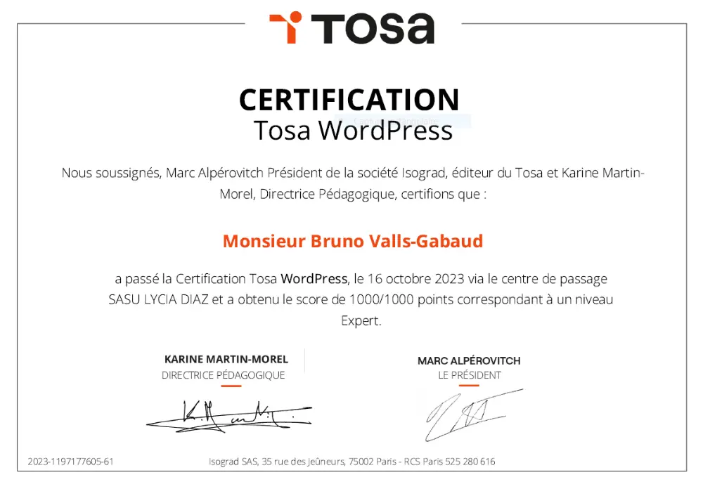 Certificat Tosa WordPress